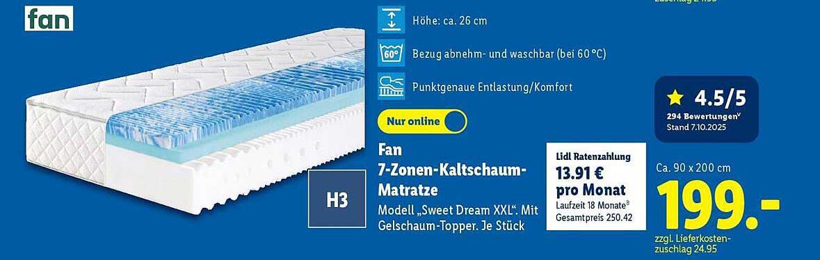 Fan 7-Zonen-Kaltschaummatratze Modell „Sweet Dream XXL“ mit Gelschaum-Topper