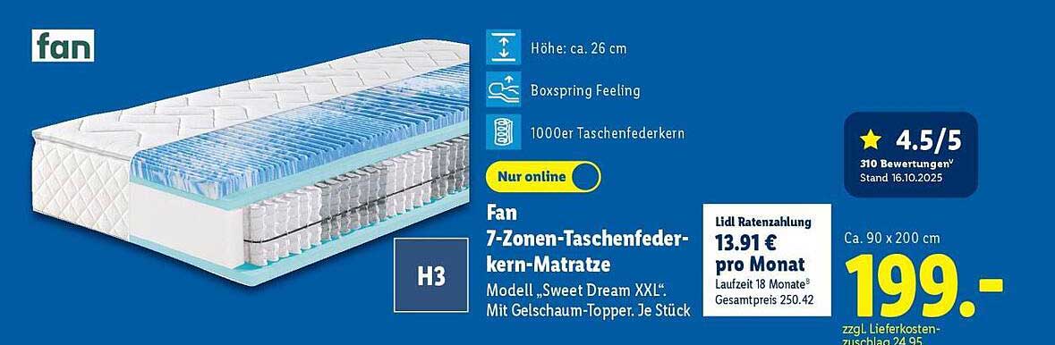 Fan 7-Zonen-Taschenfederkern-Matratze Modell „Sweet Dream XXL“ mit Gelschaum-Topper