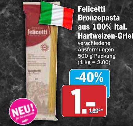 Felicetti Bronze-Pasta aus 100% italienischem Hartweizengrieß für nur 1,19€ nach Preisnachlass