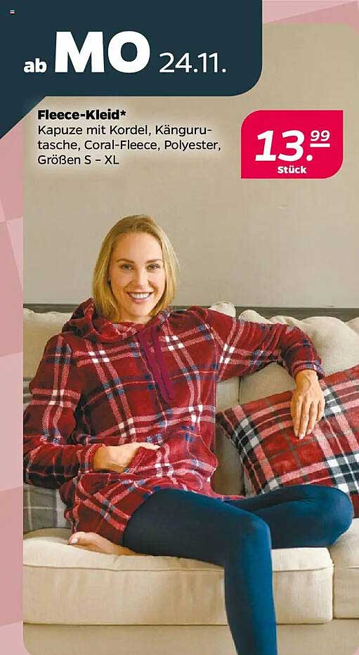 Fleece-Kleid mit Kapuze und Kängurutasche
