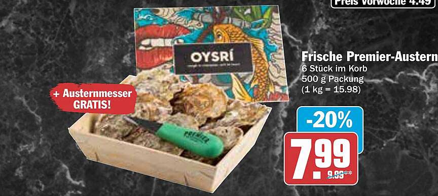 Frische Premier-Austern 6 Stück im Korb