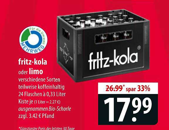 fritz-kola oder limo 24 Flaschen à 0,33 Liter Kiste