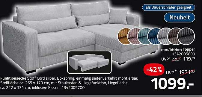 Funktionsecke, Stoff Cord silber, Boxspring, inkl. Kissen