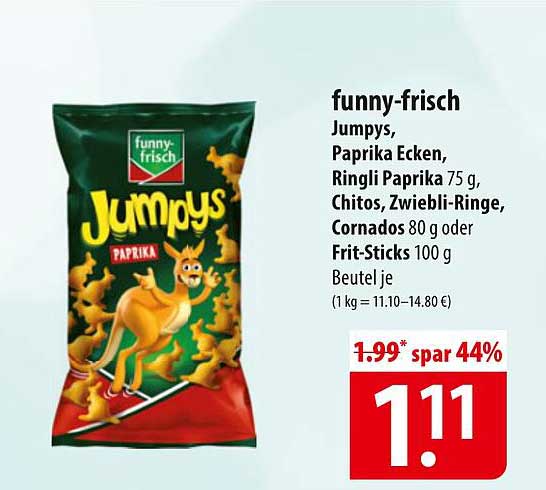 funny-frisch Jumpys, Paprika Ecken, Ringli Paprika 75 g, Chitos, Zwiebli-Ringe, Cornados 80 g oder Frit-Sticks 100 g