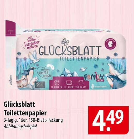 Glücksblatt Toilettenpapier 3-lagig, 16 Rollen, 150-Blatt-Packung