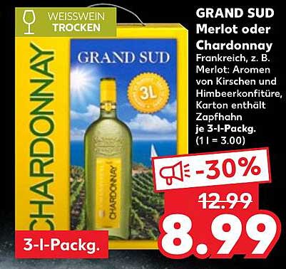 GRAND SUD Merlot oder Chardonnay 3-Liter-Packung
