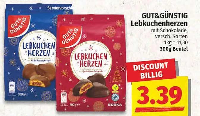 GUT& GÜNSTIG Lebkuchenherzen mit Schokolade, 300g Beutel