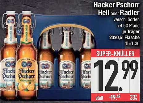 Hacker Pschorr Hell oder Radler 20 x 0,5L Flasche