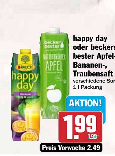 happy day oder becker's bester Apfel-Bananen-, Traubensaft - verschiedene Sorten 1 l Packung