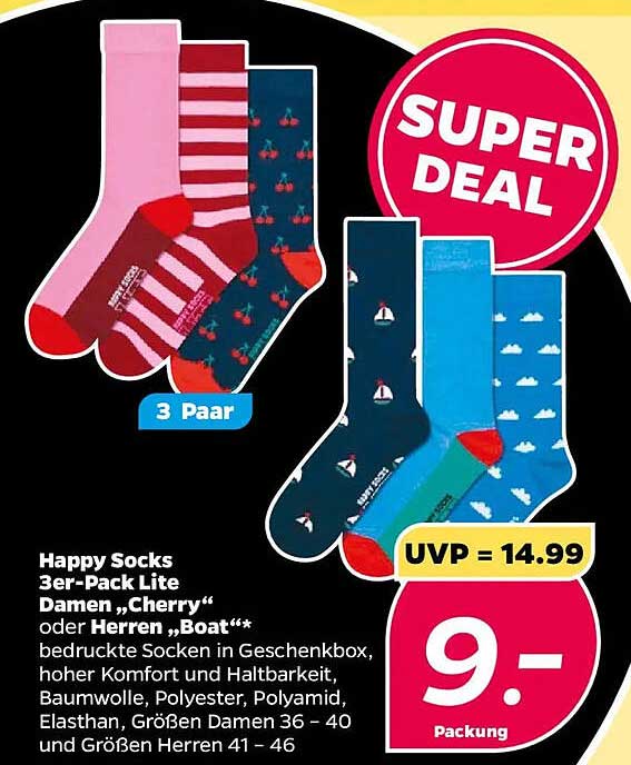 Happy Socks 3er-Pack Lite Damen "Cherry" oder Herren "Boat"