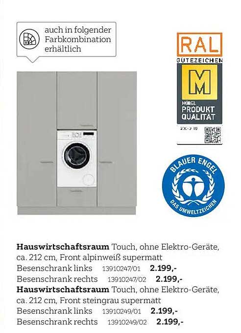 Hauswirtschaftsraum Touch, ohne Elektro-Geräte, ca. 212 cm, Front alpinweiß supermatt