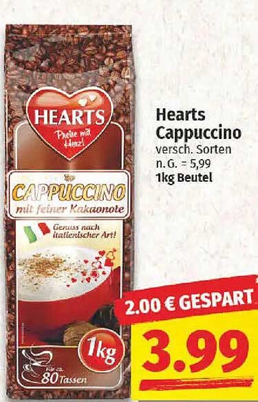 Hearts Cappuccino 1kg Beutel - Genuss nach italienischer Art