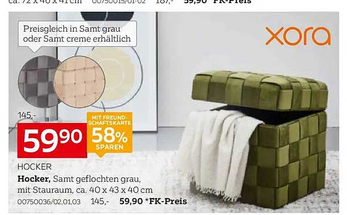 Hocker, Samt geflochten grau, mit Stauraum, ca. 40 x 43 x 40 cm