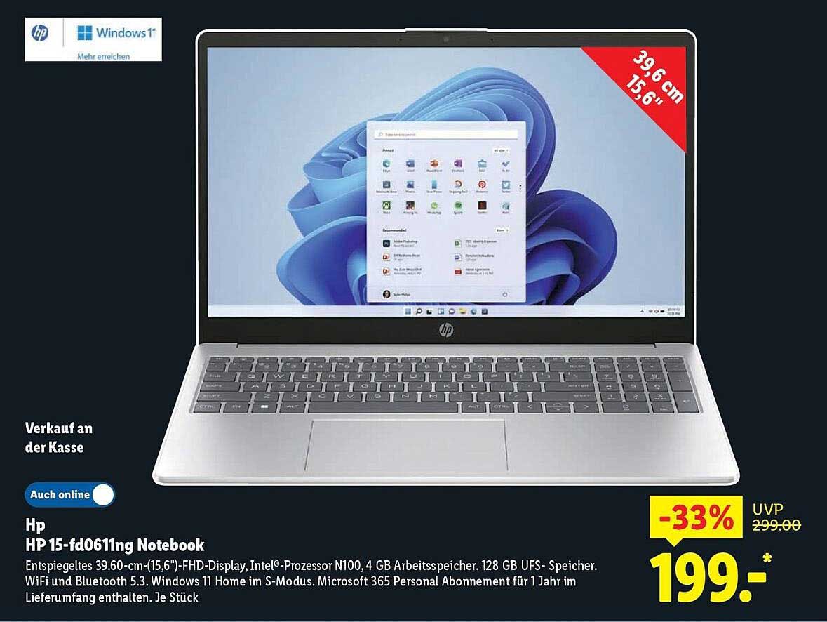 HP 15-fd0611ng Notebook - 39,6 cm (15,6") FHD-Display, Intel-Prozessor N100