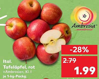 Ital. Tafeläpfel, rot »Ambrosia«, Kl. I je 1-kg-Pack.