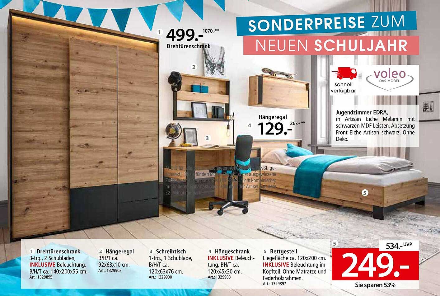 Jugendzimmer EDRA in Artisan Eiche Melamin mit schwarzen MDF Leisten