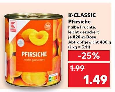 K-CLASSIC Pfirsiche halbe Früchte, leicht gezuckert je 820-g-Dose
