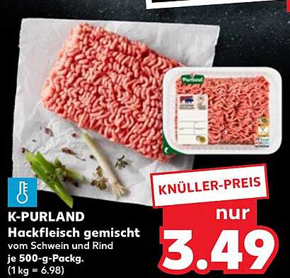 K-PURLAND Hackfleisch gemischt vom Schwein und Rind je 500-g-Pack.