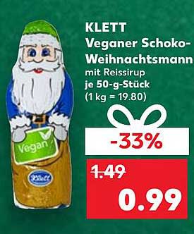 KLETT Veganer Schoko-Weihnachtsmann mit Reissirup je 50-g-Stück