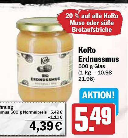 KoRo Erdnussmus 500 g Glas - Bio-Qualität