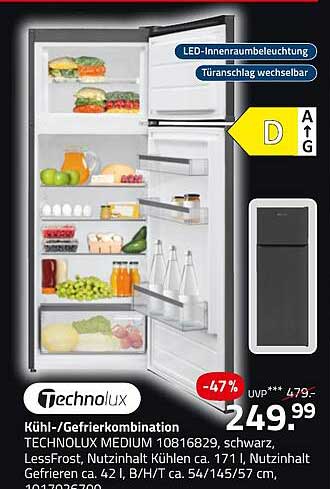 Kühl-/Gefrierkombination TECHNOLUX MEDIUM 10816829, schwarz