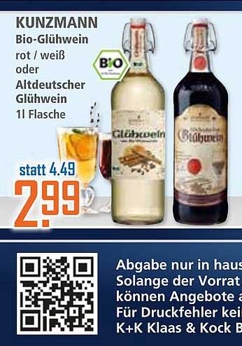 KUNZMANN Bio-Glühwein rot / weiß oder Altdeutscher Glühwein 1L Flasche