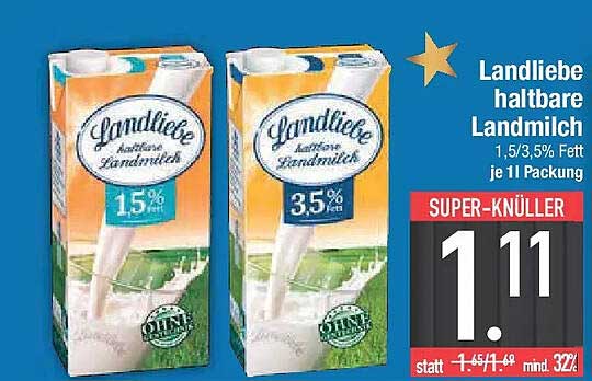 Landliebe haltbare Landmilch 1,5% / 3,5% Fett je 1l Packung