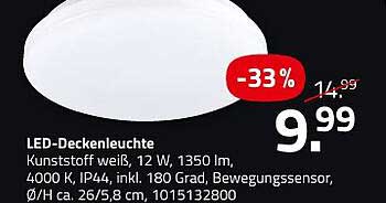 LED-Deckenleuchte, 12 W, 1350 lm, 4000 K, IP44, inkl. 180 Grad Bewegungsmelder