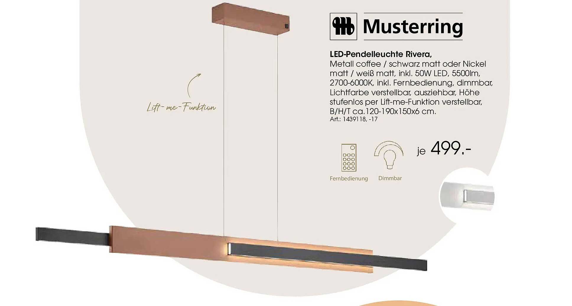 LED-Pendelleuchte Rivera, Metall coffee / schwarz matt oder Nickel matt