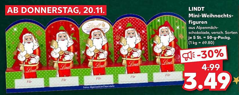LINDT Mini-Weihnachtsfiguren aus Alpenmilchschokolade, 50-g-Packung