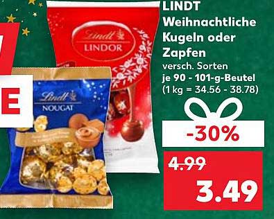 LINDT Weihnachtsliche Kugeln oder Zapfen 30% Rabatt