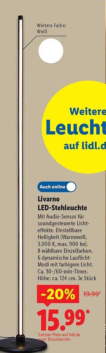 Livorno LED-Stehleuchte mit Audio-Sensor für soundgesteuerte Lichteffekte