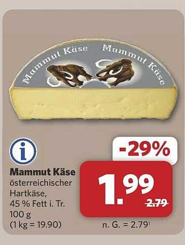Mammut Käse - österreichischer Hartkäse, 45 % Fett i. Tr.