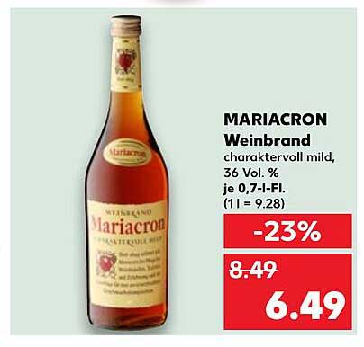 MARIACRON Weinbrand charaktersvoll mild, 36 Vol. % je 0,7 l-Fl.