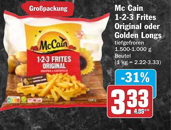 Mc Cain 1-2-3 Frites Original oder Golden Longs 1.500 g Großpackung