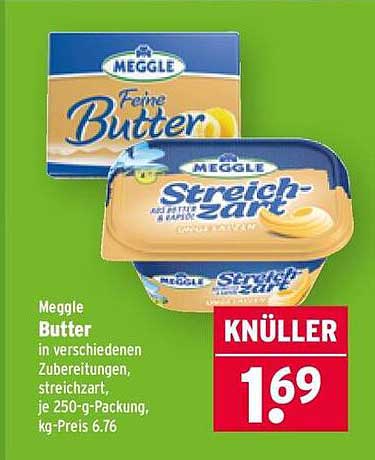 Meggle Butter in verschiedenen Zubereitungen, streichzart, je 250-g-Packung