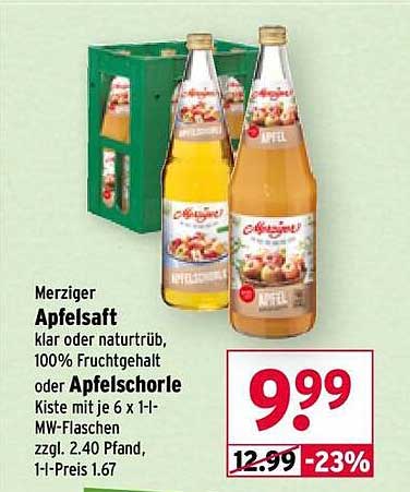 Merziger Apfelsaft klar oder naturtrüb, 100% Fruchtgehalt oder Apfelschorle