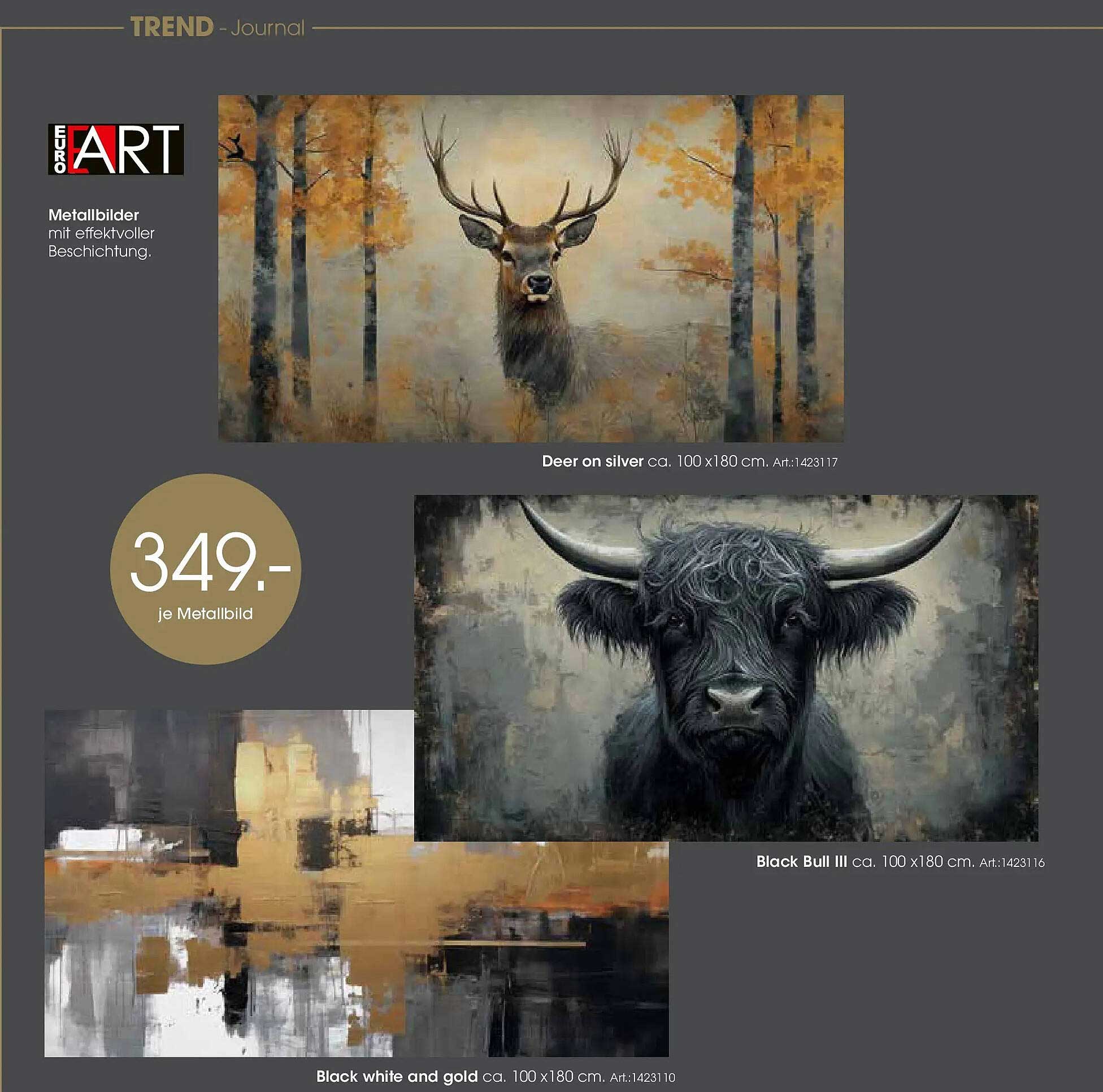 Metallbilder Deer on silver, Black Bull III und Black white and gold