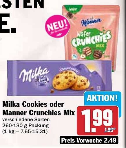 Milka Cookies oder Manner Crunchies Mix - verschiedene Sorten 260-130 g Packung