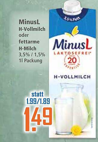MinusL H-Vollmilch oder fettarme H-Milch 3,5% / 1,5% 1l Packung