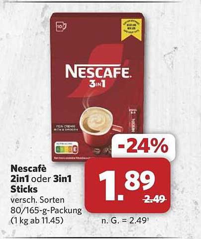 Nescafé 2in1 oder 3in1 Sticks, verschiedene Sorten