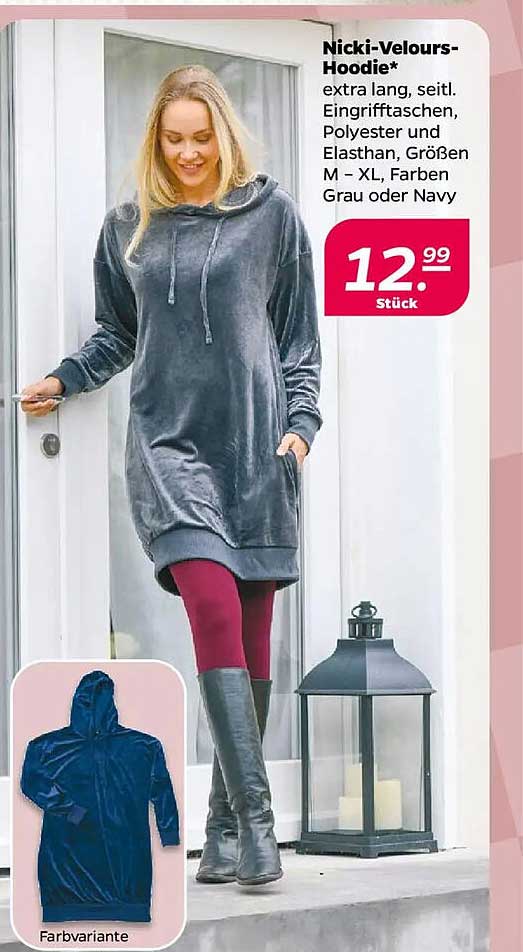 Nicki-Velours-Hoodie* extra lang, seitl. Eingrifftaschen, Polyester und Elasthan