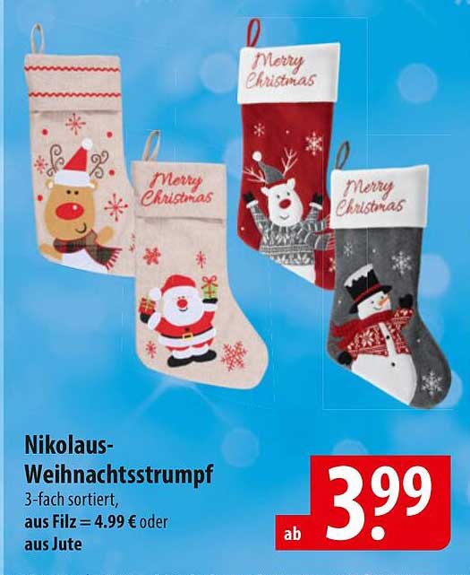 Nikolaus-Weihnachtsstrumpf 3-fach sortiert
