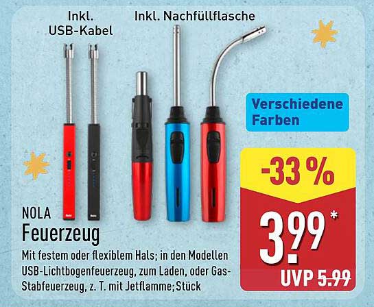 NOLA Feuerzeug – Verschiedene Farben, inkl. USB-Kabel und Nachfüllflasche