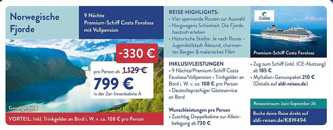 Norwegische Fjorde - 9 Nächte Premium-Schiff Costa Favolosa mit Vollpension