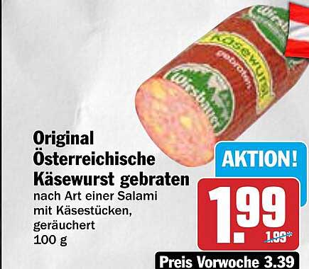 Original Österreichische Käsewurst gebraten nach Art einer Salami mit Käsestücken, geräuchert 100 g
