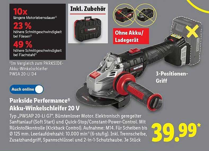 Parkside Performance® Akku-Winkelschleifer 20 V