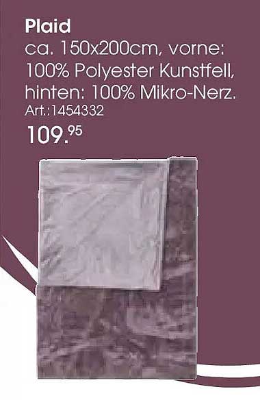 Plaid ca. 150x200cm, vorne: 100% Polyester Kunstfell, hinten: 100% Mikro-Nerz