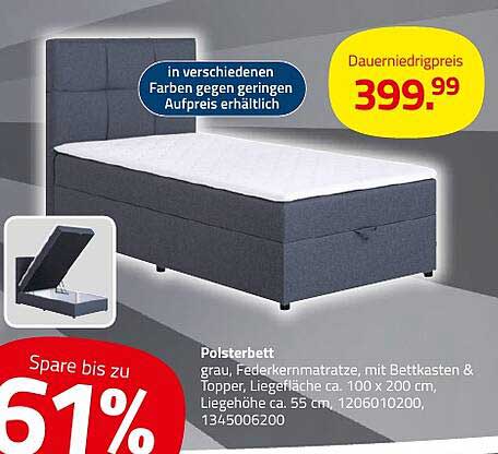Polsterbett grau mit Federkernmatratze, Bettkasten & Topper