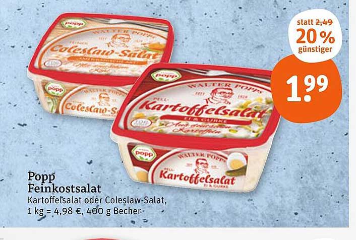 Popp Feinkostsalat – Kartoffelsalat oder Coleslaw-Salat, 400 g Becher